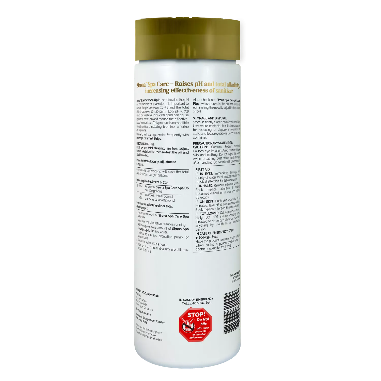 Back label of Sirona Spa Care Spa Up bottle showing directions, warnings, and safety information