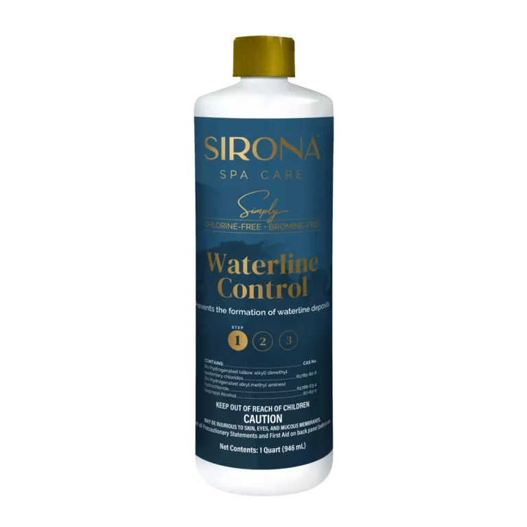 Sirona Spa Care Simply Waterline Control 1 quart front label, prevents the formation of waterline deposits.