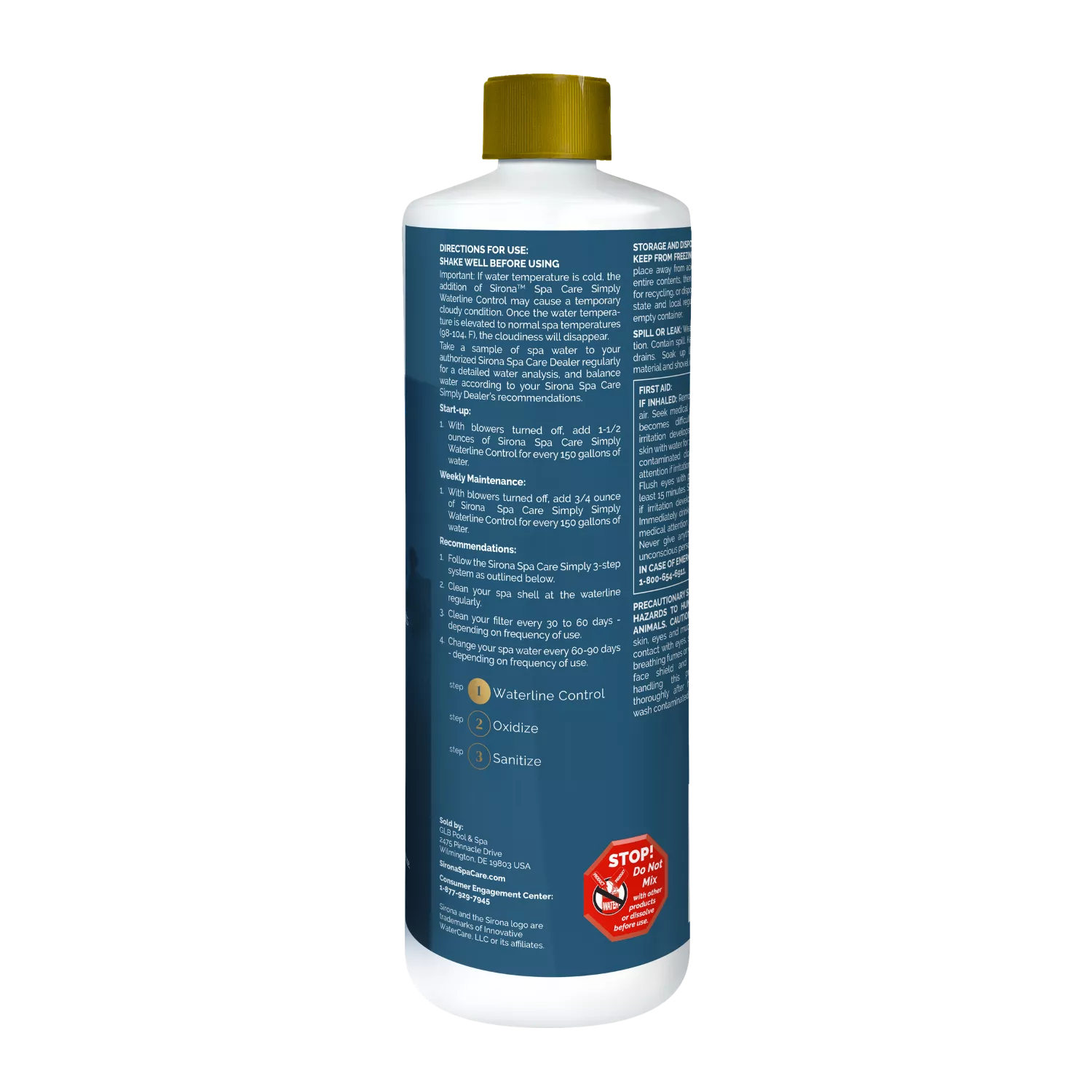 Sirona Spa Care Simply Waterline Control 1 quart side panel A showing start-up directions and weekly maintenance.