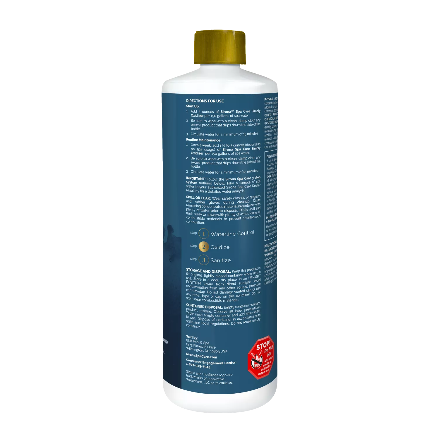 Sirona Spa Care Simply Oxidizer 1 quart side panel A showing start-up and routine maintenance directions.