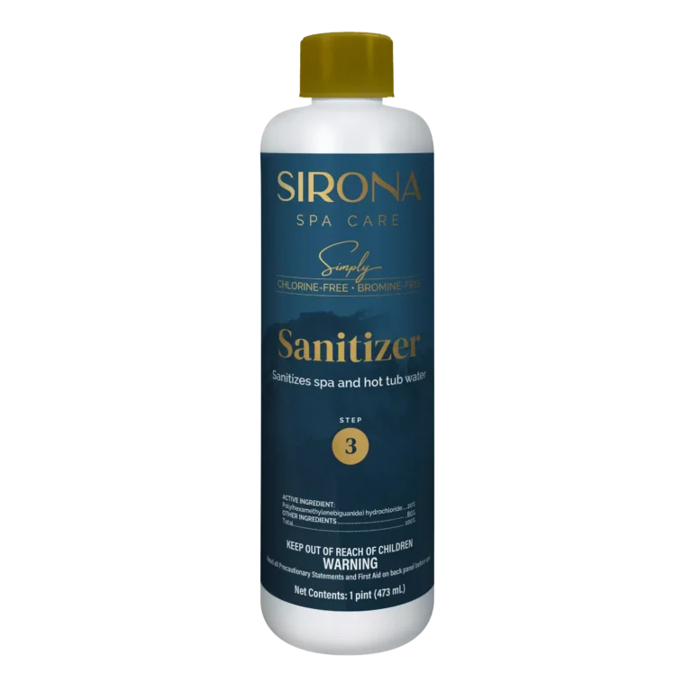 Sirona Spa Care Simply Sanitizer 1 pint front label, chlorine-free and bromine-free formula for hot tubs.