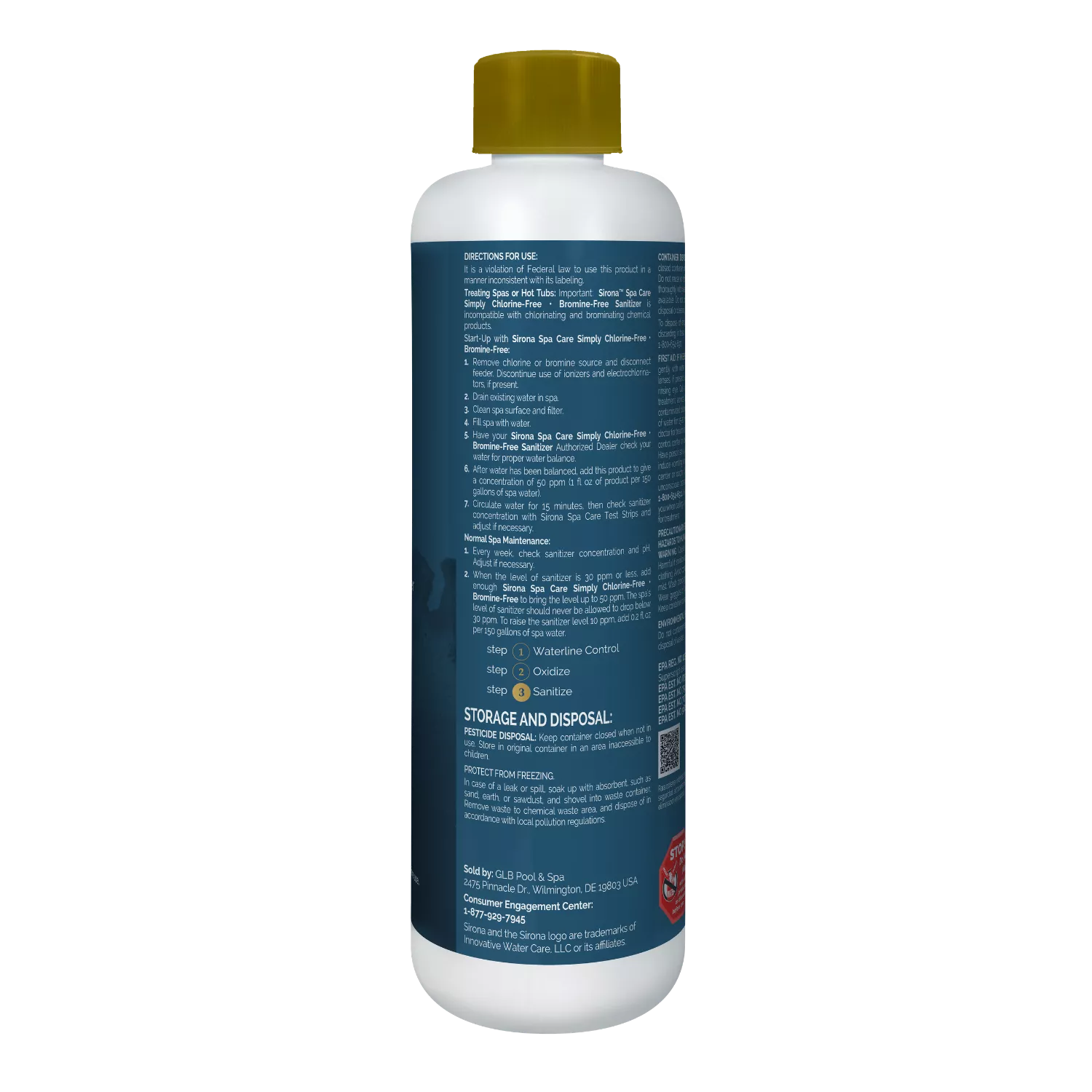 Sirona Spa Care Simply Sanitizer 1 pint side panel A showing directions for use and startup steps.