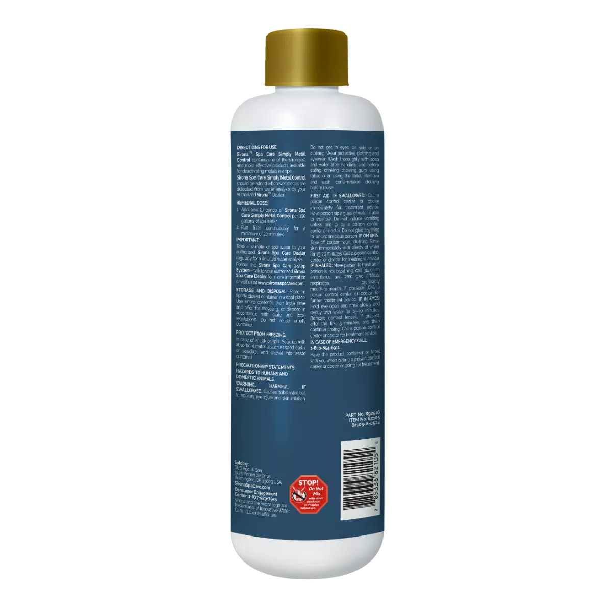 Sirona Spa Care Simply Metal Control 1 pint back label detailing directions for use, remedial dosage, and safety precautions.