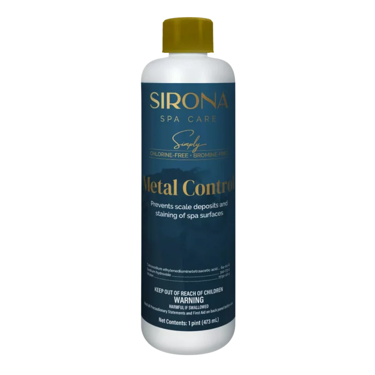 Sirona Spa Care Simply Metal Control 1 pint bottle front label, prevents scale deposits and staining of spa surfaces.