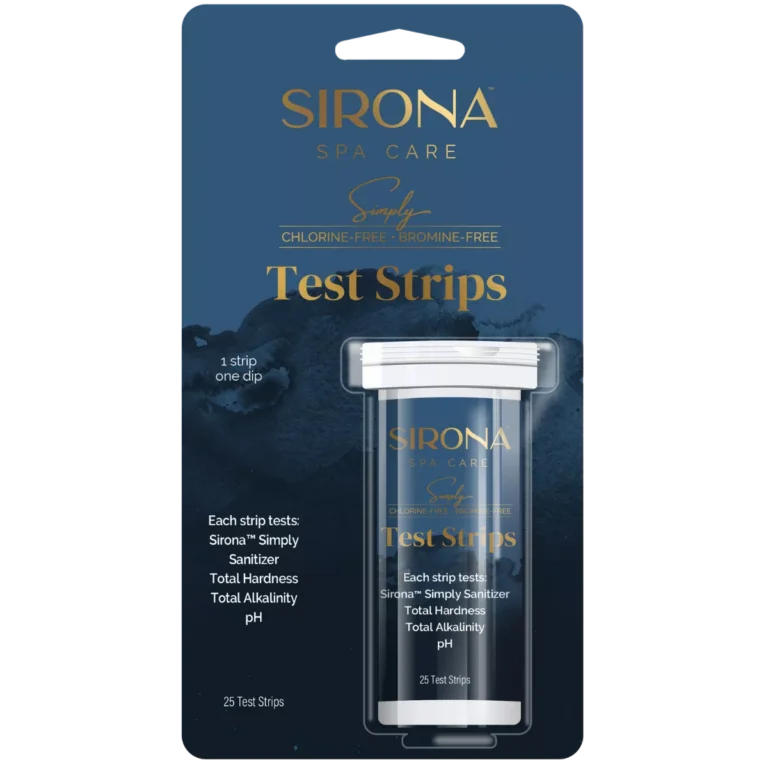 Sirona Spa Care Simply 25-count test strips front packaging, chlorine-free and bromine-free testing kit.