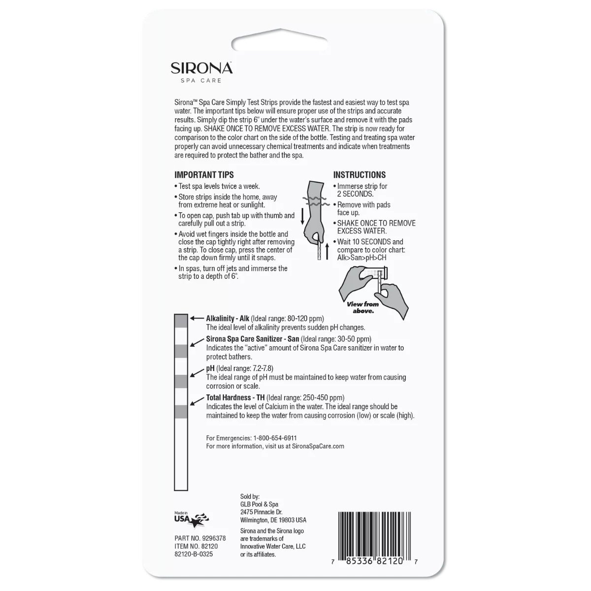 Sirona Spa Care test strips back packaging showing instructions, important tips, and chemical ideal range color chart.