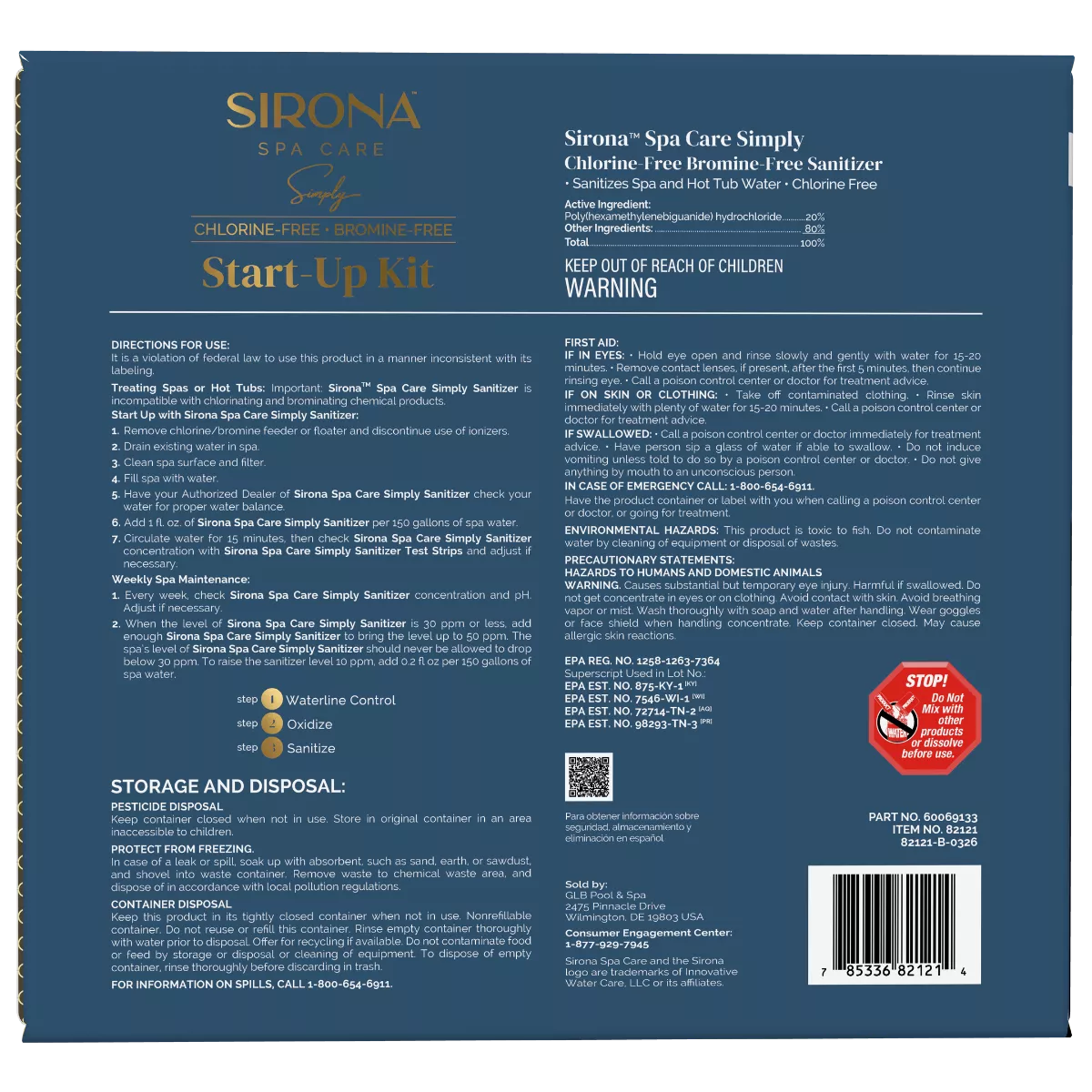 Sirona Spa Care Simply Start-Up Kit back label detailing directions for use, weekly maintenance, and safety warnings.
