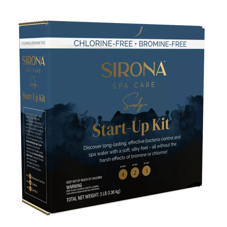 Sirona Spa Care Simply Start-Up Kit front packaging, chlorine-free and bromine-free spa treatment system.